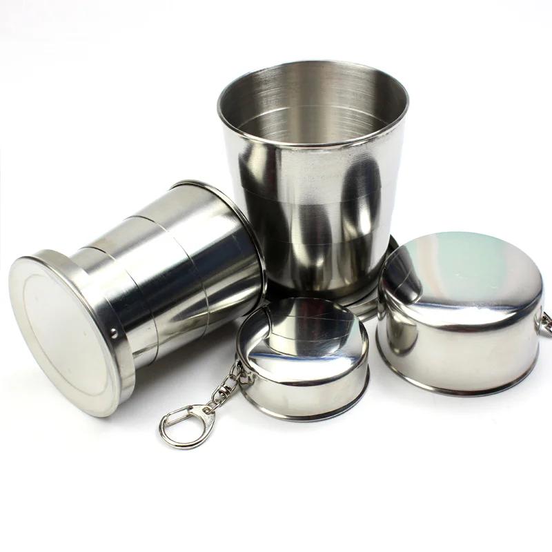 Taza plegable de acero inoxidable de 75ml/150ml/250ml, taza telescópica portátil para viajes al aire libre y Camping con llavero, taza de mano para agua y café