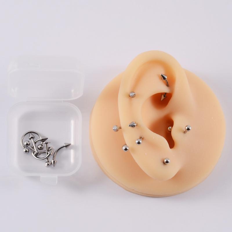 Set 12 Bucăți Oțel Chirurgical Culoare Argintie Placat cu Aur Negru Curcubeu Set Bijuterii de Piercing de Bază pentru Ureche Nas Sprânceană Labret 8Mm