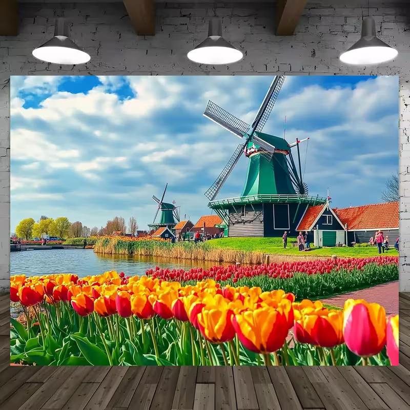 2D Dutch Windmill Tulip Scene Wall Tapestry, Spring Holland Countryside Backdrop for Living Room