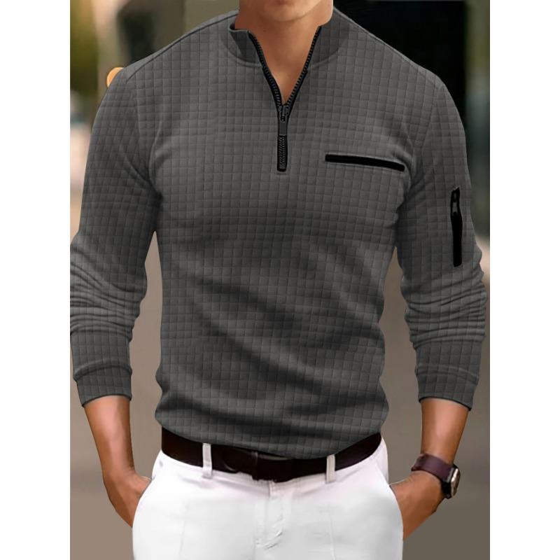 Men Waffle Quarter Zip Long Sleeve Shirt Stand Collar Casual Top With Contrast Pocket Details
