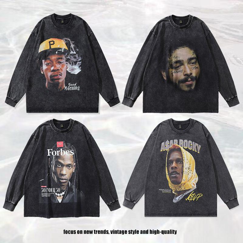 American Hip-Hop Portrait Direct Injection Printing Long-Sleeved T-Shirt Autumn Retro Crew Neck Sweater For Men And Women