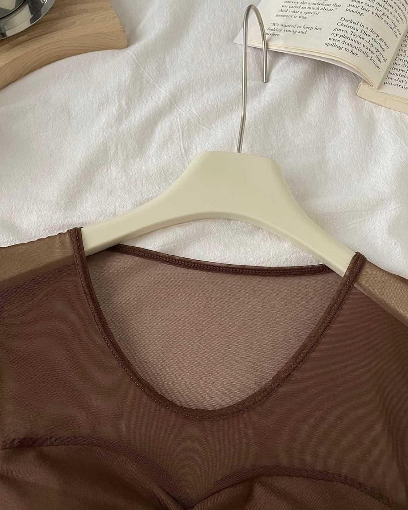 2026 Spring/Summer Women's Slim Mesh Layer Round Neck Long Sleeve Top