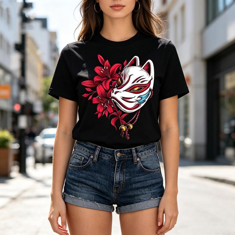 Japanese Fox Mask Tee Red Flower Art Print Unisexs Casual Short Sleeve T Shirt Unisex 100Cotton Harajuku Oversized Tee