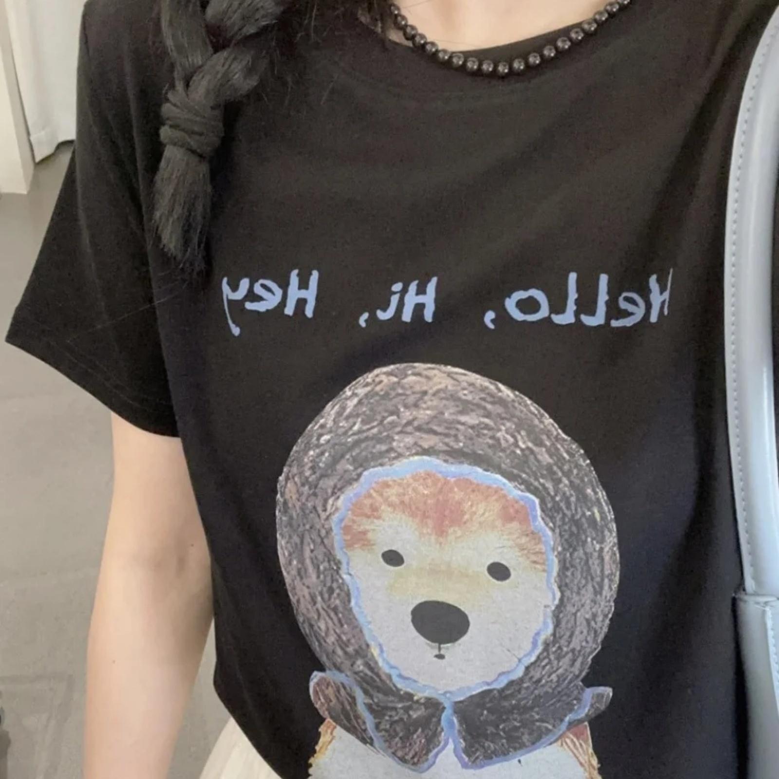 

Korean Dongdaemun Same Japanese Small and Cute Cartoon Dog Print Summer New Round Neck Short sleeved Plus Sized Women T-shirt XXXXXL чорний
