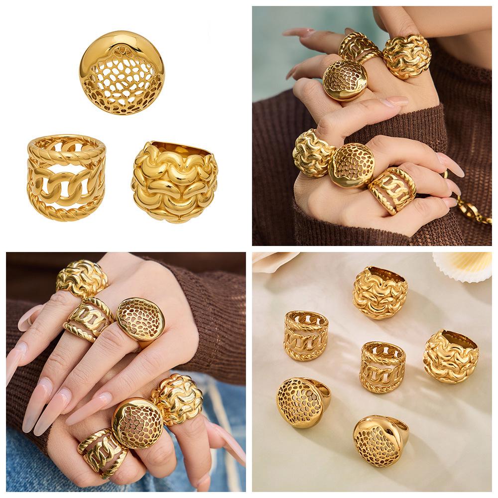 18K Gold Plated Stainless Steel Hollow Ring – Exaggerated Design, Fashionable, Versatile European & American Jewelry