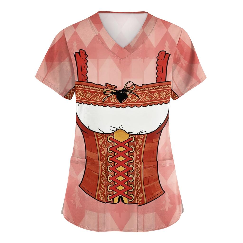 Women V Neck Short Sleeve Work Shirt with Pockets Oktoberfest Print Nursing Scrub Top Comfortable Fit Lightweight Fabric