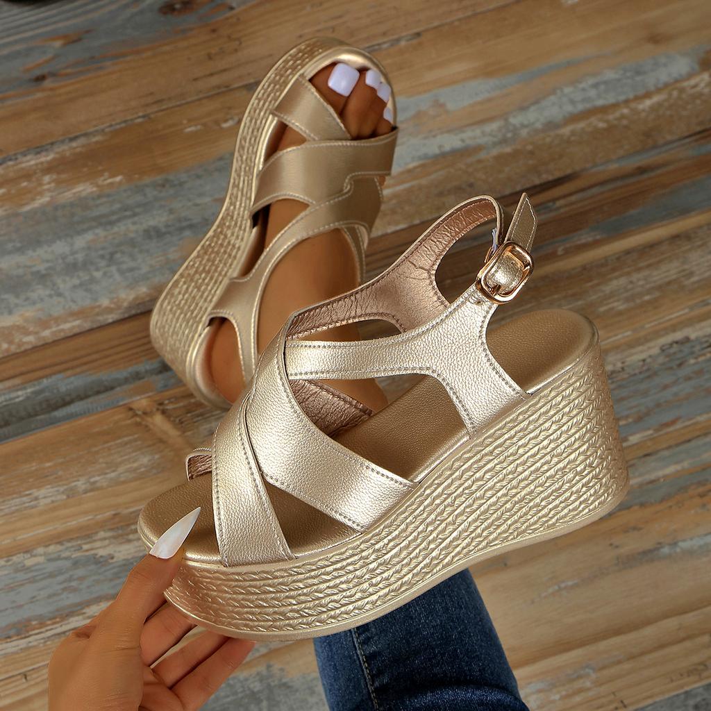 Fashion Women Sandals Summer New Golden Wedges Ankle Buckle High Heels Shoes Peep Toe Open To Elegant Sexy Sandals for Women