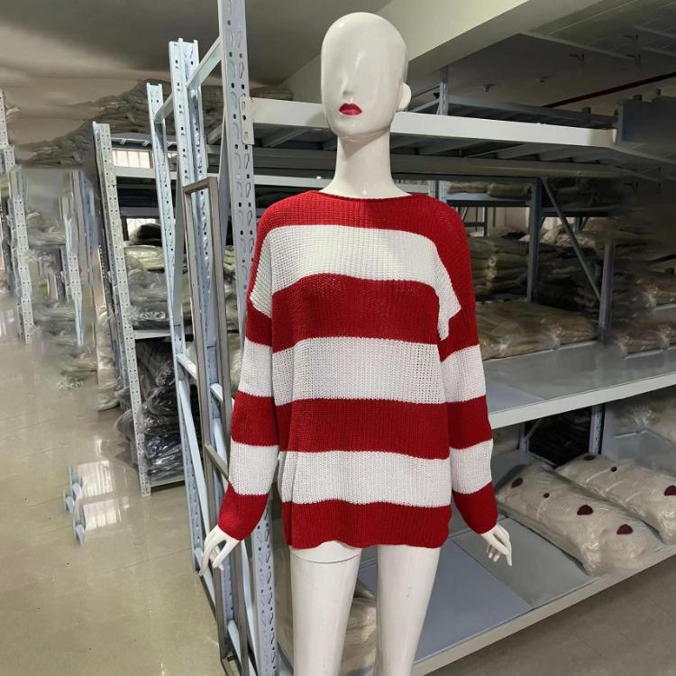 Vintage Women O-Neck Pullover Sweater Loose Long Sleeve Striped Blocking Color Knitted Knitwear Autumn Winter Top