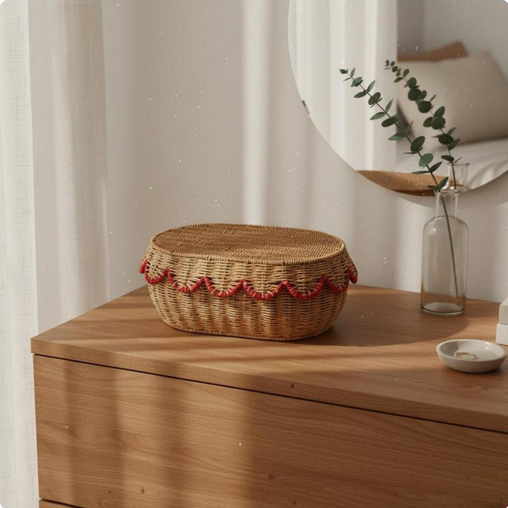 Woven Basket with Lid Materials Handmade Wicker Design Handwoven Oval Paper Rope Storage Box