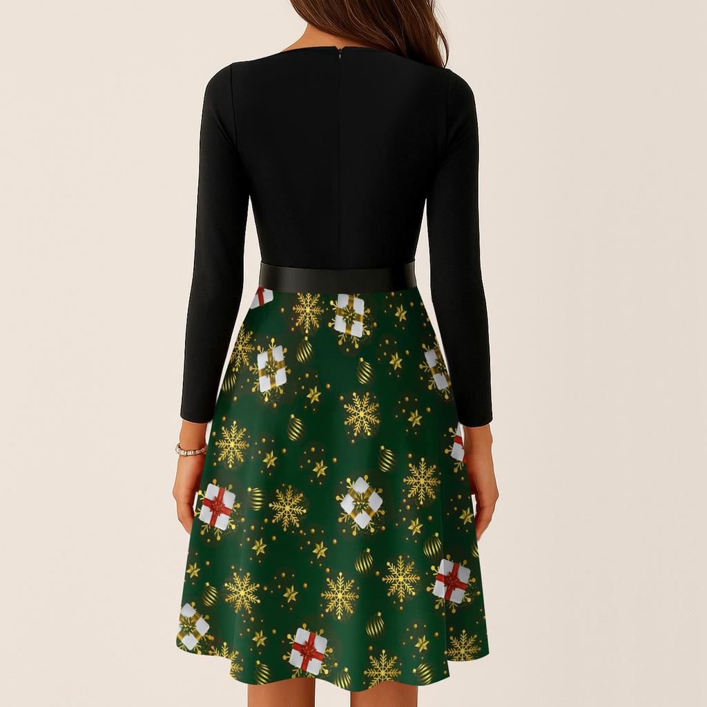 Kvinners avslappet mote langermet julegrafisk trykt vintage lange kjoler