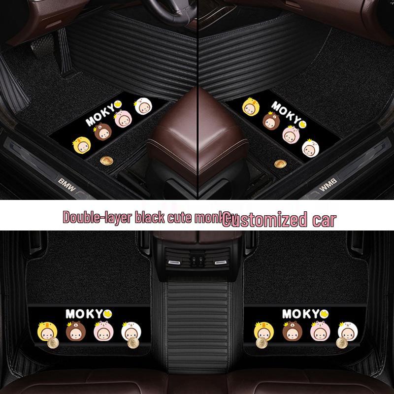 Custom Leather Car Floor Mats for Women - Cartoon Design, Double-Layer, Full Coverage