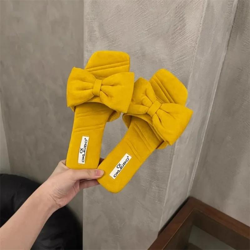 Fashion Women's Fashion Slippers Square Toe Butterfly-knot Flat Sole Women's Shoes Dress Outdoor Korean Style Summer Zapatillas De Mujer