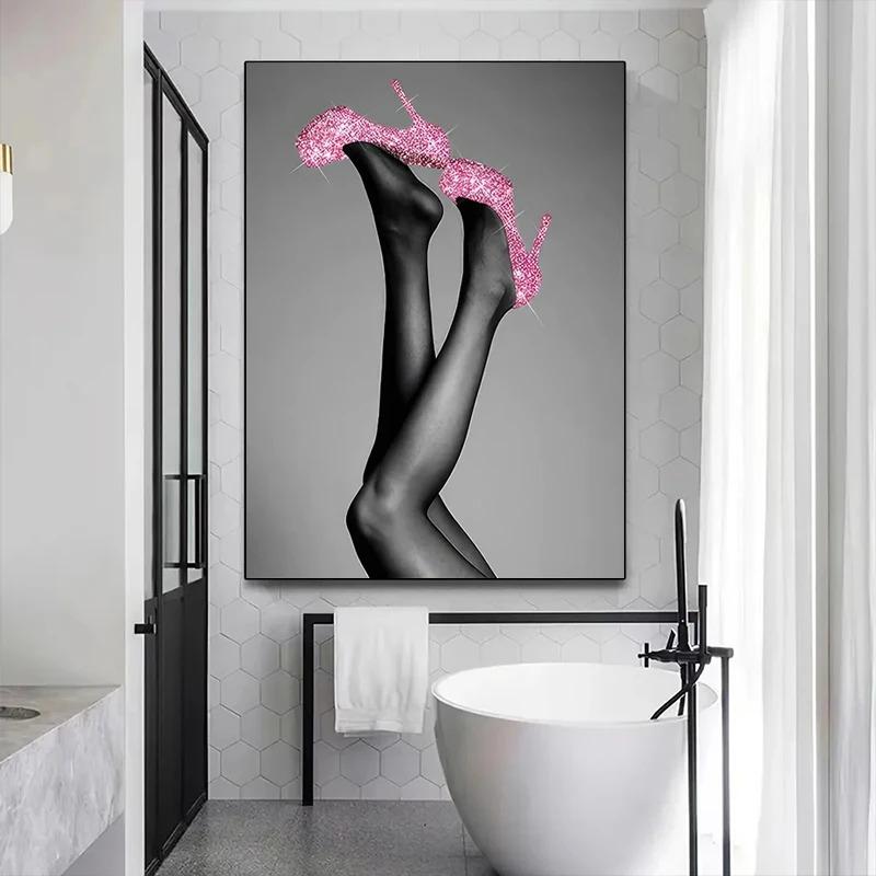 Black and Pink Toilet Posters Fashion Pink Woman Canvas Paintings And Prints HD Pictures For Washroom Bathroom Decor Frameless