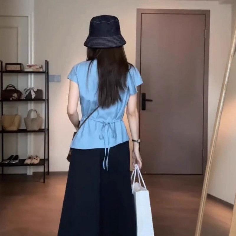 Summer New Style Irregular Slim Pleated Top High-end Striped Short-sleeved Shirt