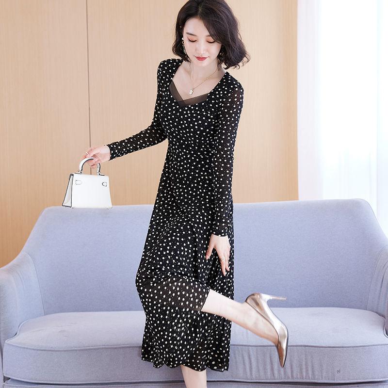 Fashionable Square Neck Elegant Mesh Dress Women's Long Sleeve Spring Autumn Long Style Slim Temperament Long Printed Skirt