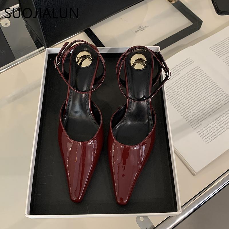 Moda SUOJIALUN Wiosna Nowa Marka Damskie Sandały Moda Czerwone Eleganckie Damskie Buty Slingback Szpiczasty Nosek Cienki Wysoki Obcas Outdoor Sukienka Szpilki