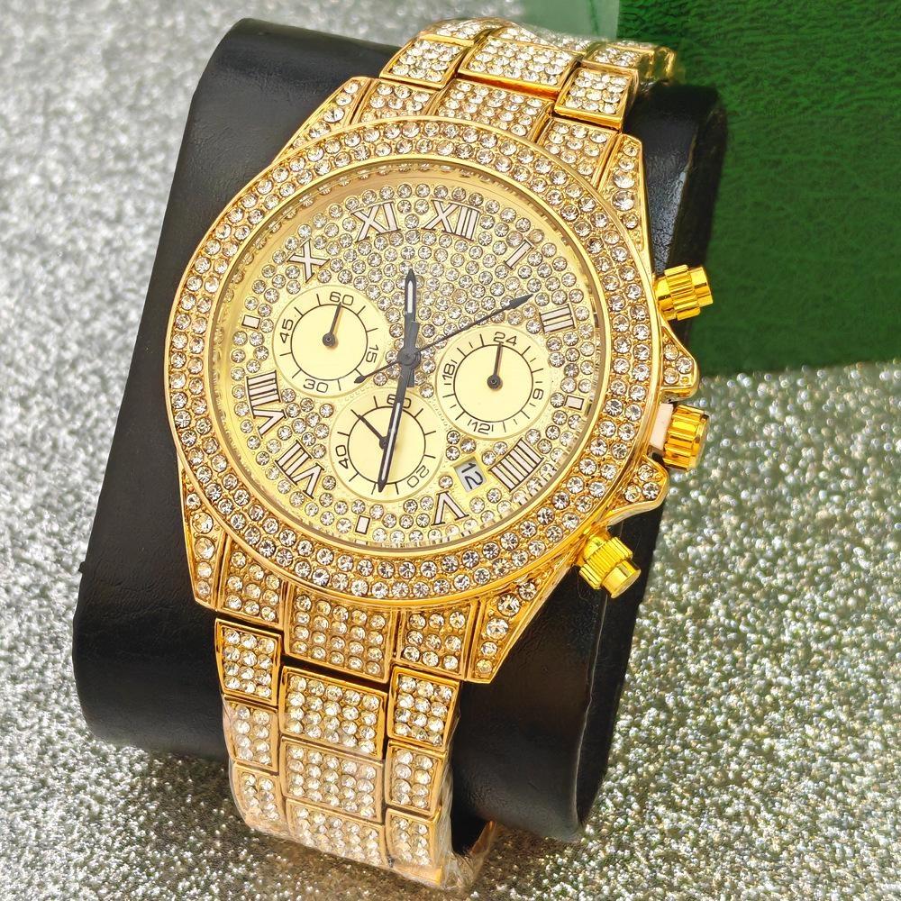 Luxury Mens Watches Full Diamond Iced Out Calendar Quartz Watches Fashion Week Display Waterproof Clock