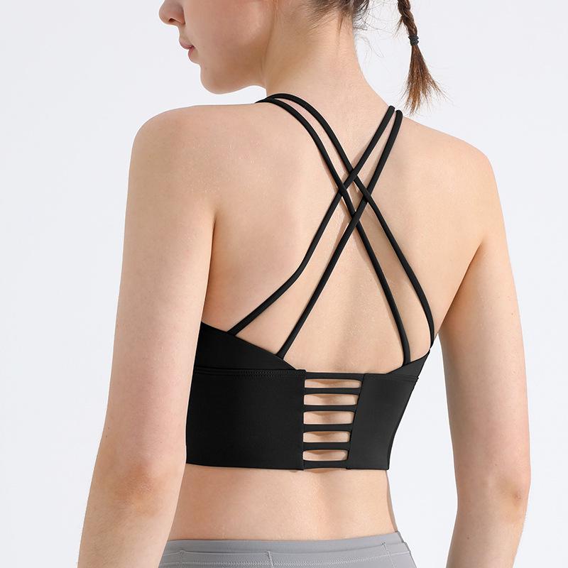 Women's High-Impact Spaghetti Strap Sports Bra - Shockproof Halter Neck, Gathered Back Yoga Vest