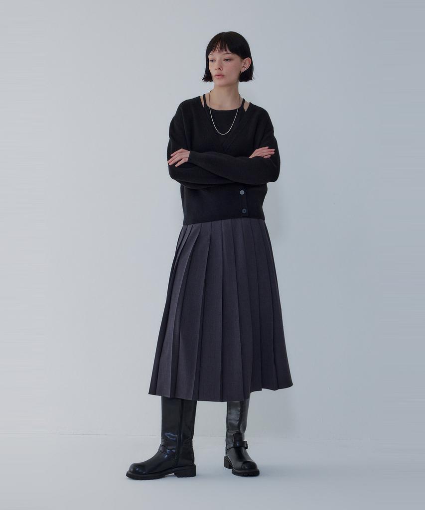Bobeu Stretch Belted Pleated Skirt_Charcoal 7156135002