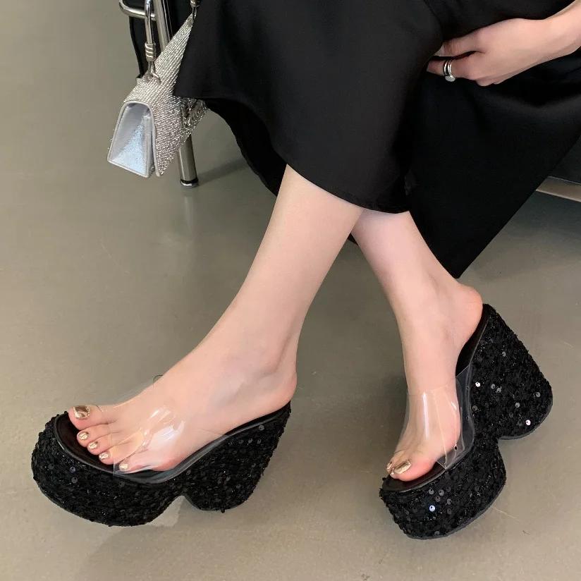 Eilyken PVC Transparen Open Toe Platform Wedges High Heels Women's Slipper Designer Bling Sequin Cloth Banquet Shoes