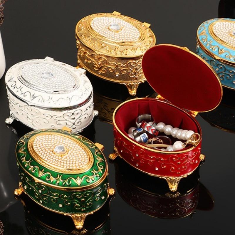 European Style Mini Jewelry Storage Box Organizer Portable Ellipsoid Inlaid Gem Alloy Necklace Ring Storage Dresser Display Case