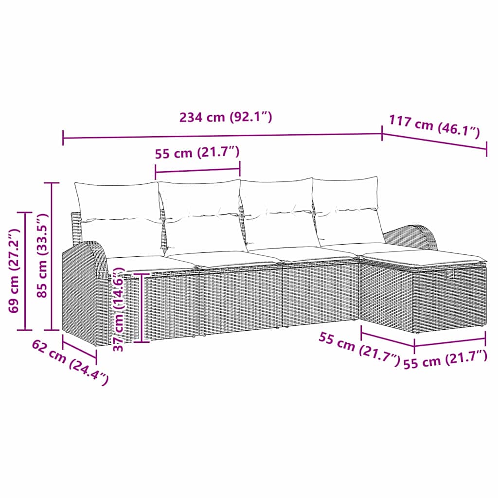 5 Piece Sofa Set with Cushions Black and Cream Poly Rattan