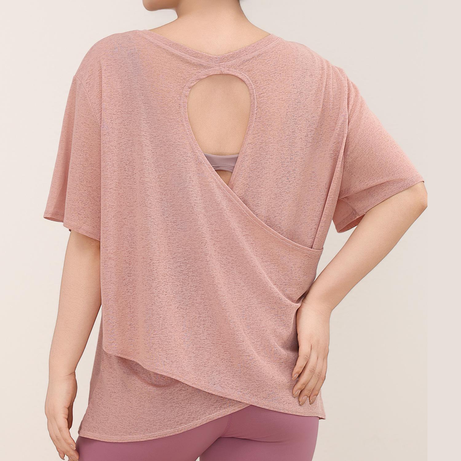 

Women s Plus Size Bamboo Slub Yoga Cover-Up: Hollow Back, Short Sleeve, Slim Fit, Breathable Fitness Top Small розовый