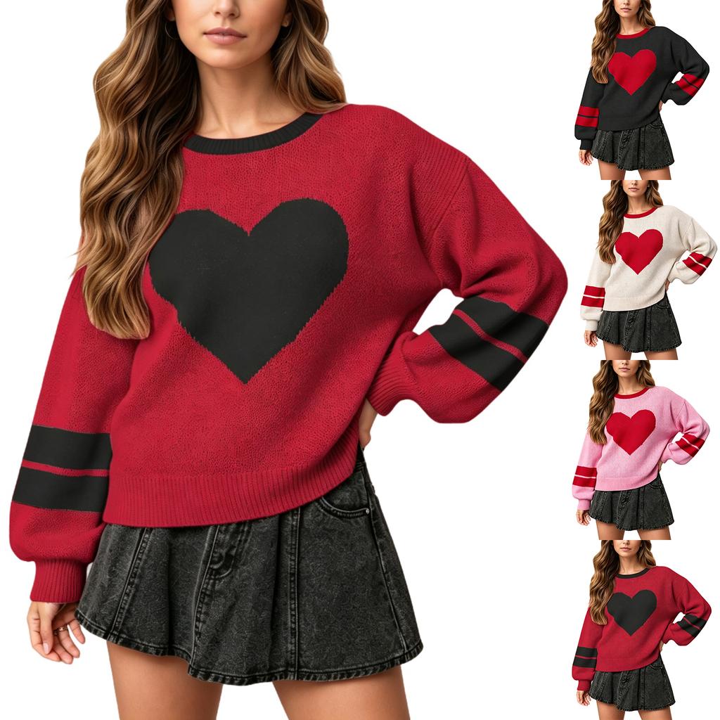 Women's Round Neck Big Heart Print Knit Sweater Pullover Top for Valentine's Day
