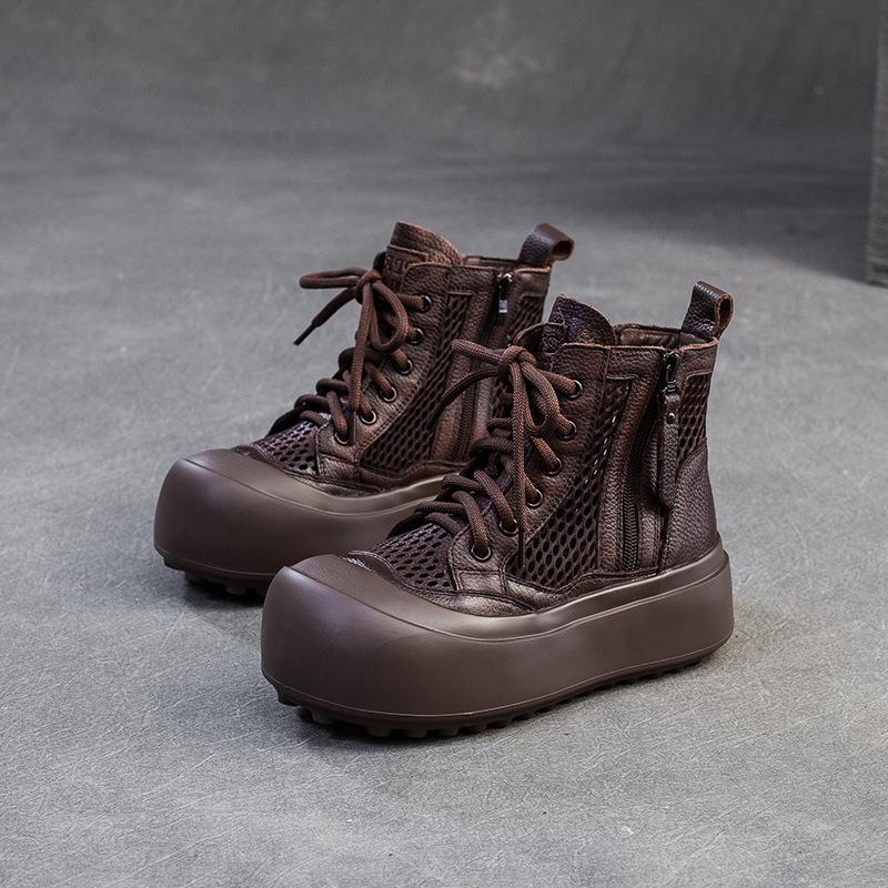 Johnature Retro Breathable Mesh Hollow Out Boots Genuine Leather Women's Flat Platform Shoes
