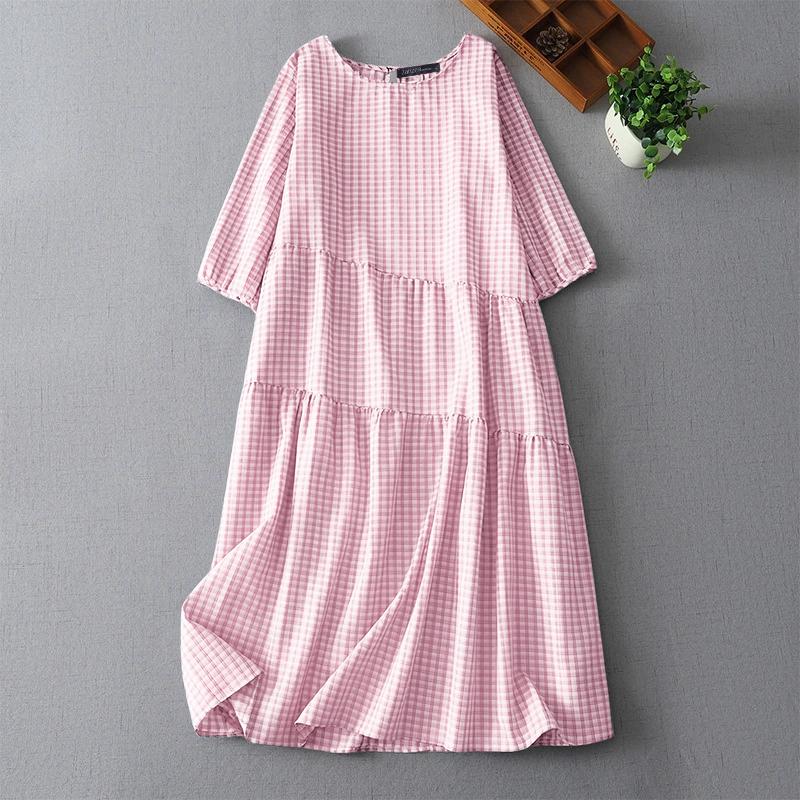 

ZANZEA Women Round Neck 3/4 Sleeve Plaid Print Casual Dress 5XL розовый