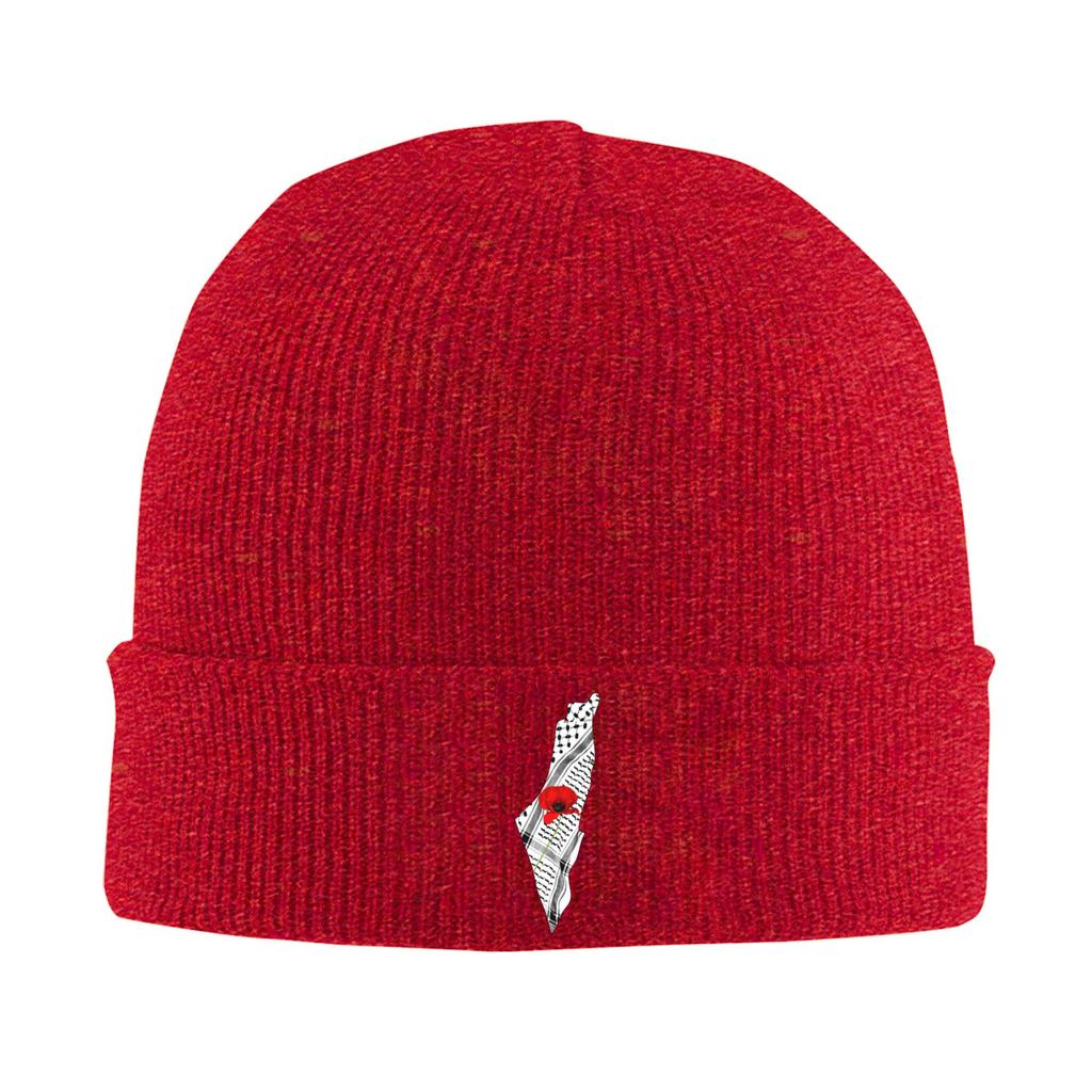 Palestine Map Keffiyeh and Poppy Knitted Hat Retro Caps Men Women Outdoor Sport Beanie Hats Winter Thermal Elastic Bonnet Hats