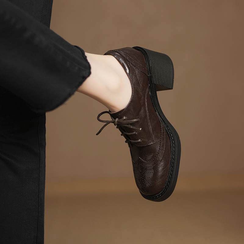 Krazing Pot Sheepskin Autumn Winter Shoes Lace Up Chunky Heels Oxford Shoes Size 43 Round Toe Deep Mouth Pumps