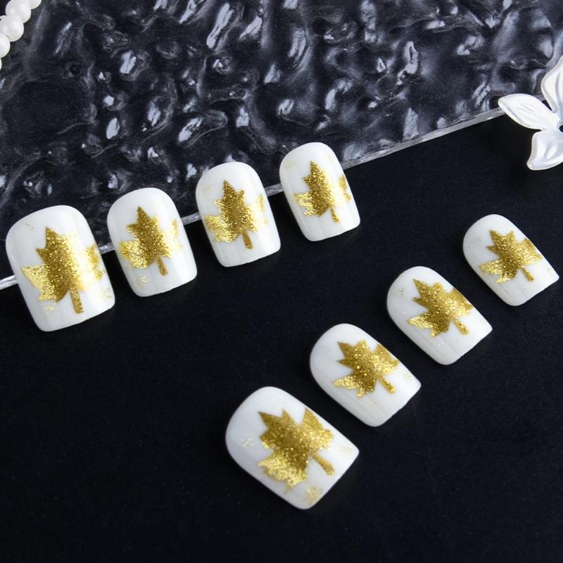 Autumn Shimmers Press on Nail 24 Pieces Maple Leaf Glitters Design ABS Material Easy Application Fake Nail Daily Wear