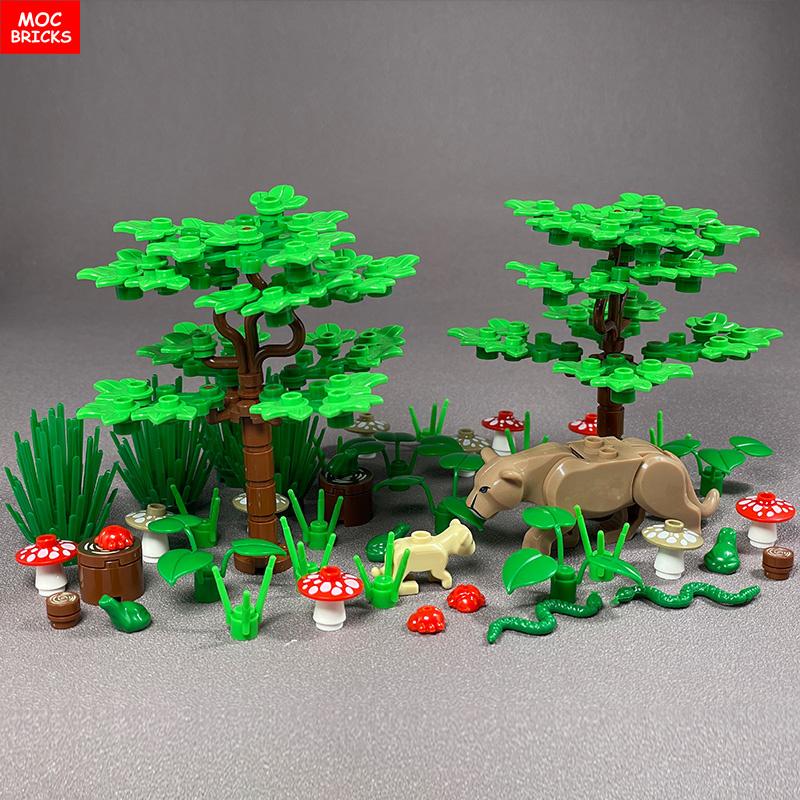 MOC Bricks Jungle Underbrush Forest Animal Monkey Goat Giraffe Bird Night Owl Accessories Building Blocks Friend Toys Gifts