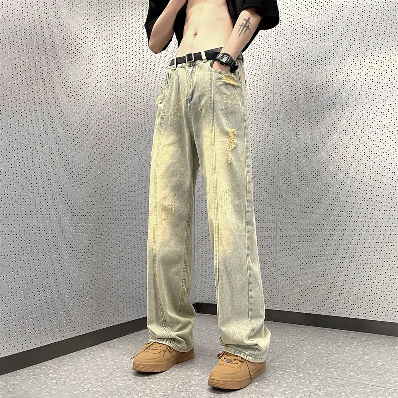 

Мужские летние черные потертые джинсы с широкими штанинами — модные, свободные, в уличном стиле, универсальные, прямые брюки с рваными краями Medium