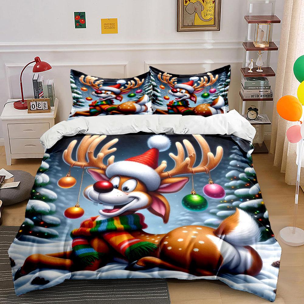 Festive Reindeer with Scarf Bedding Duvet Cover Set (1*Duvet Cover 2*Pillowcases, without duvet insert)