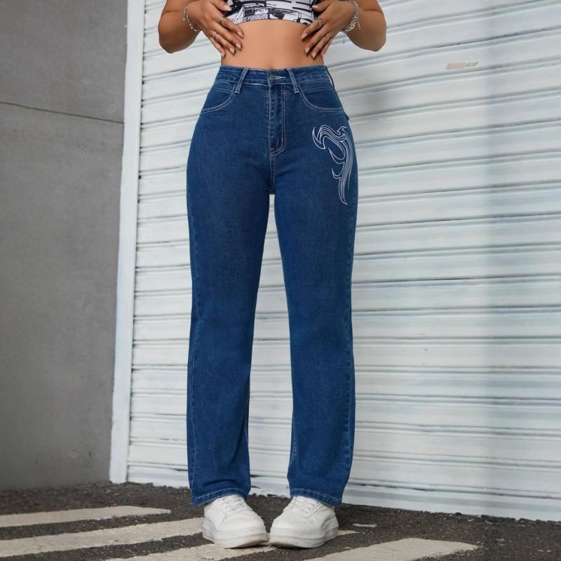 Women s Jeans Blue Embroidered Washed Pockets Stretch Slim Pants WOMEN S темно-синий