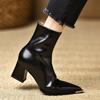 Maillard Retro Fashion Metal Pointed Thick Heel Fashion Leather Boots Autumn and Winter New Velvet Versatile Temperament Short Boots