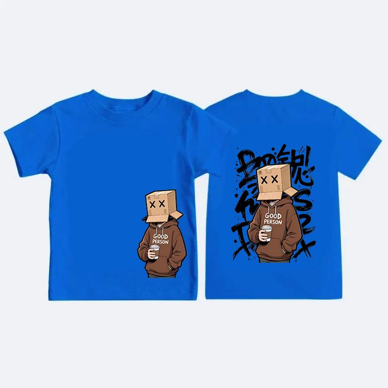 American Summer Kids Cartoon Character Letter Graffiti Print Comfortable and Breathable Round Neck Tshirt Outdoor Street Top