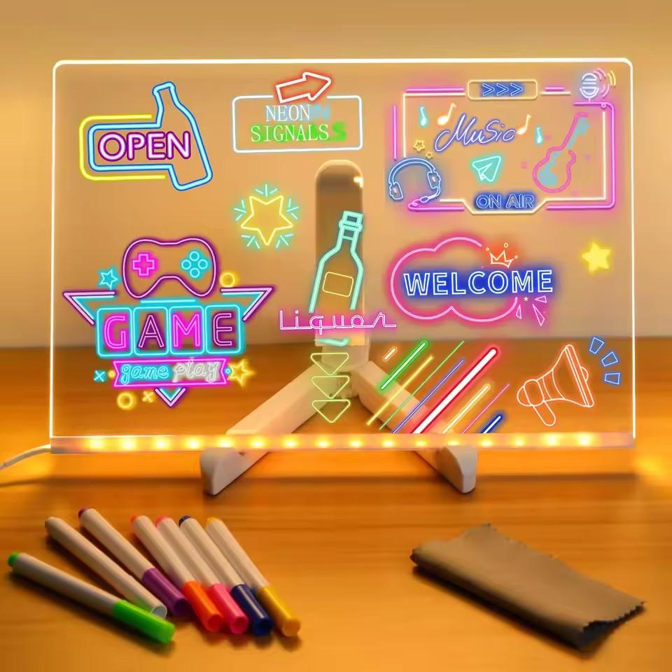 LED Note Board Night Light With Colorful 7 Pens DIY Acrylic Message Board Erasable Painting Drawing Board For Kids Birthday Gift