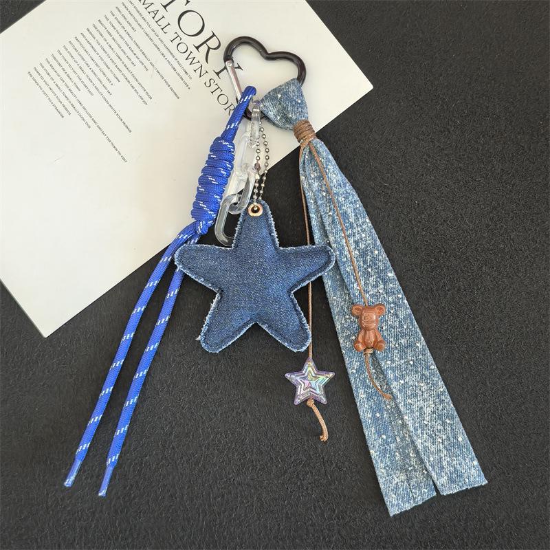 Trendy Denim Heart & Star Lanyard Keychain