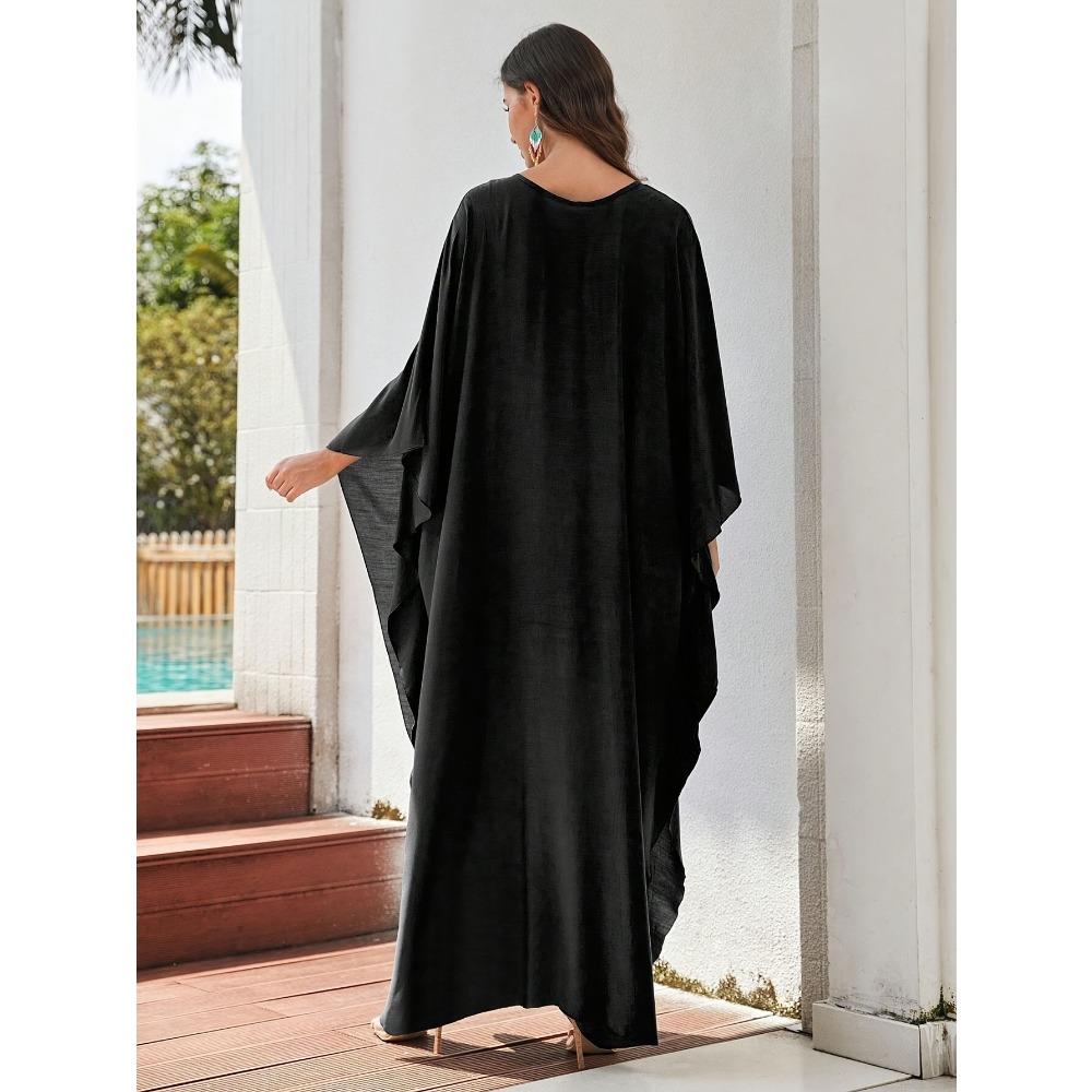 Women's Boho Style Cover Up, Plus Size Solid Color V Neck Batwing Sleeves Woven Design Loose Fit Beach Kaftan Dress