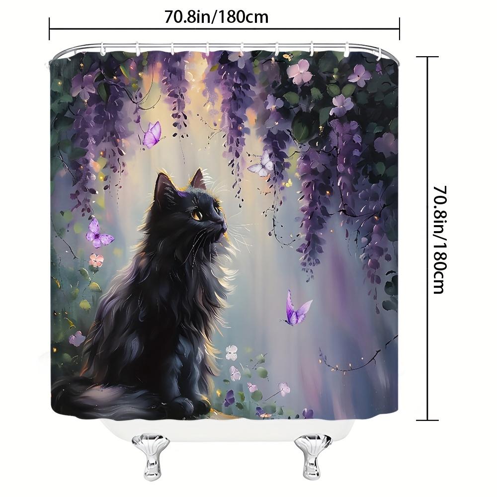 Black Cat Shower Curtain - Purple Lavender & Wisteria, Spring Watercolor Butterfly Design - Polyester Bath Curtain Set