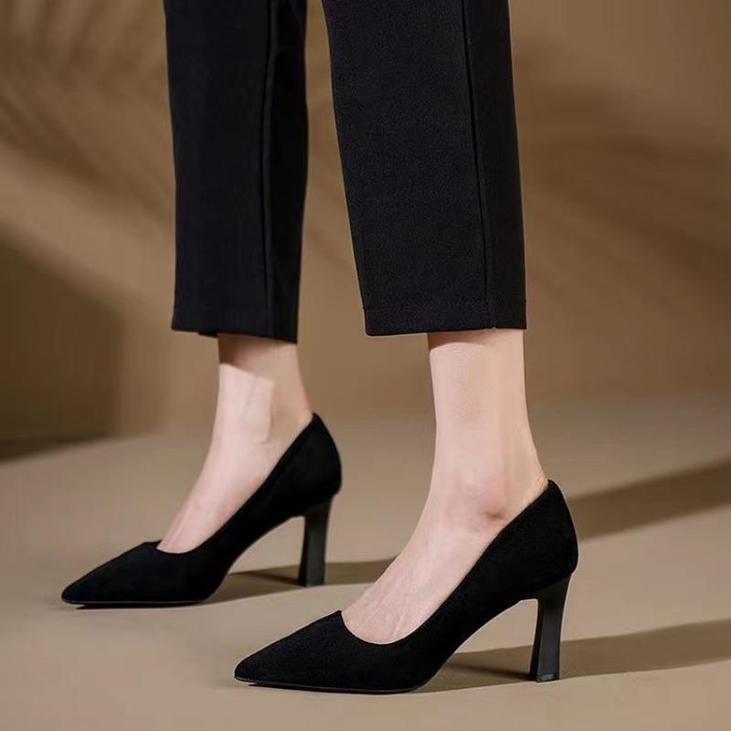 Flock Medium Heels Pumps Shoes for Women 2025 New Spring Thin Heel  Shoe Female Plus Size 43 Versatile Pointed Toe Shoes