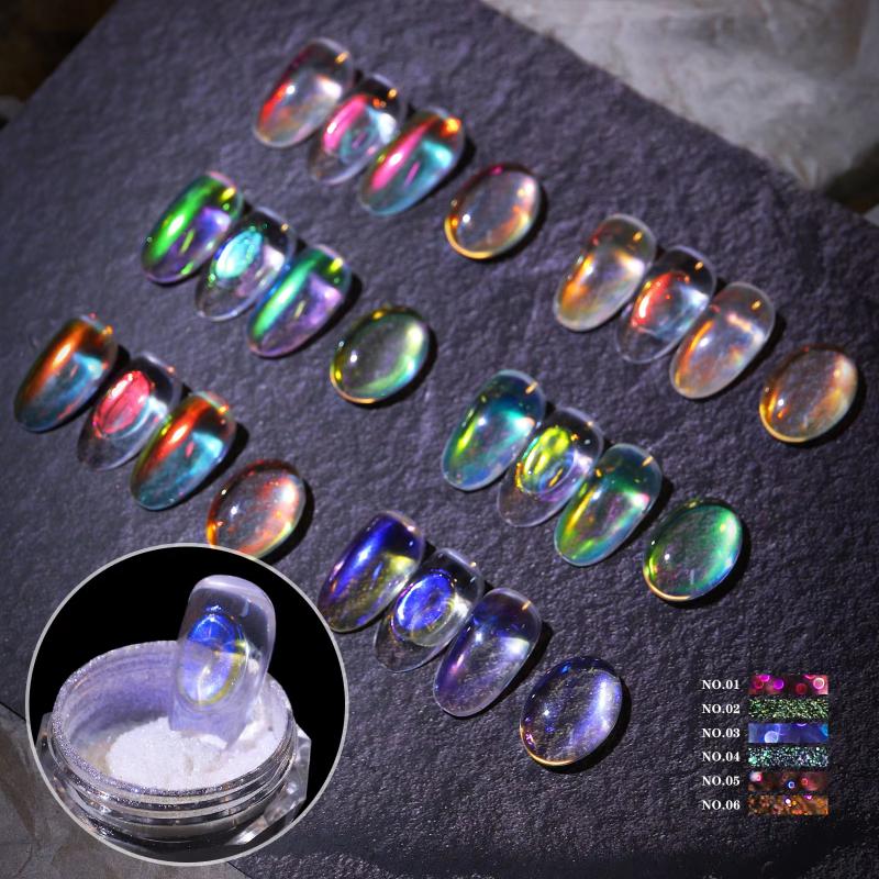Brokat do paznokci Aurora Ice Przezroczysty Laserowy Tęczowy Lustrzany Pigment Żelowy Proszek Chromowany Urok do Paznokci Lakier Żelowy Artystyczne Dekoracje Materiały