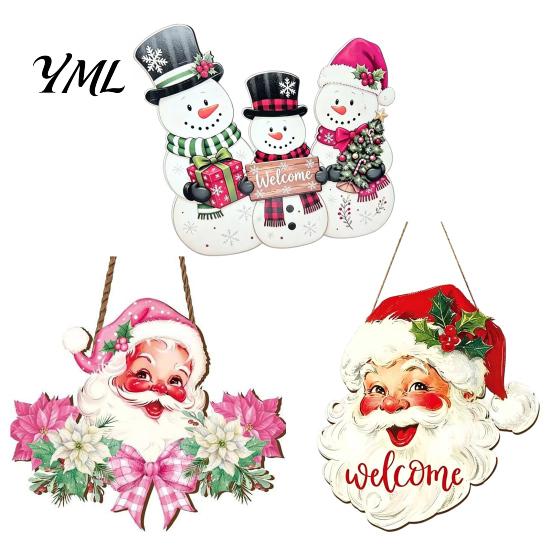 Wooden Door Decorations Christmas Hanging Sign, 2D Santa Snowman Welcome Plaque, Xmas Wall Fireplace Ornament, Holiday Decor for Front Porch,