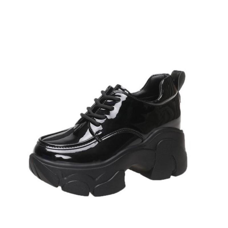 

Кожаные туфли с внутренним увеличением высоты, женские туфли, туфли-муффины на платформе, высокие каблуки, туфли-лодочки в британском стиле, 10 см 36 чёрный