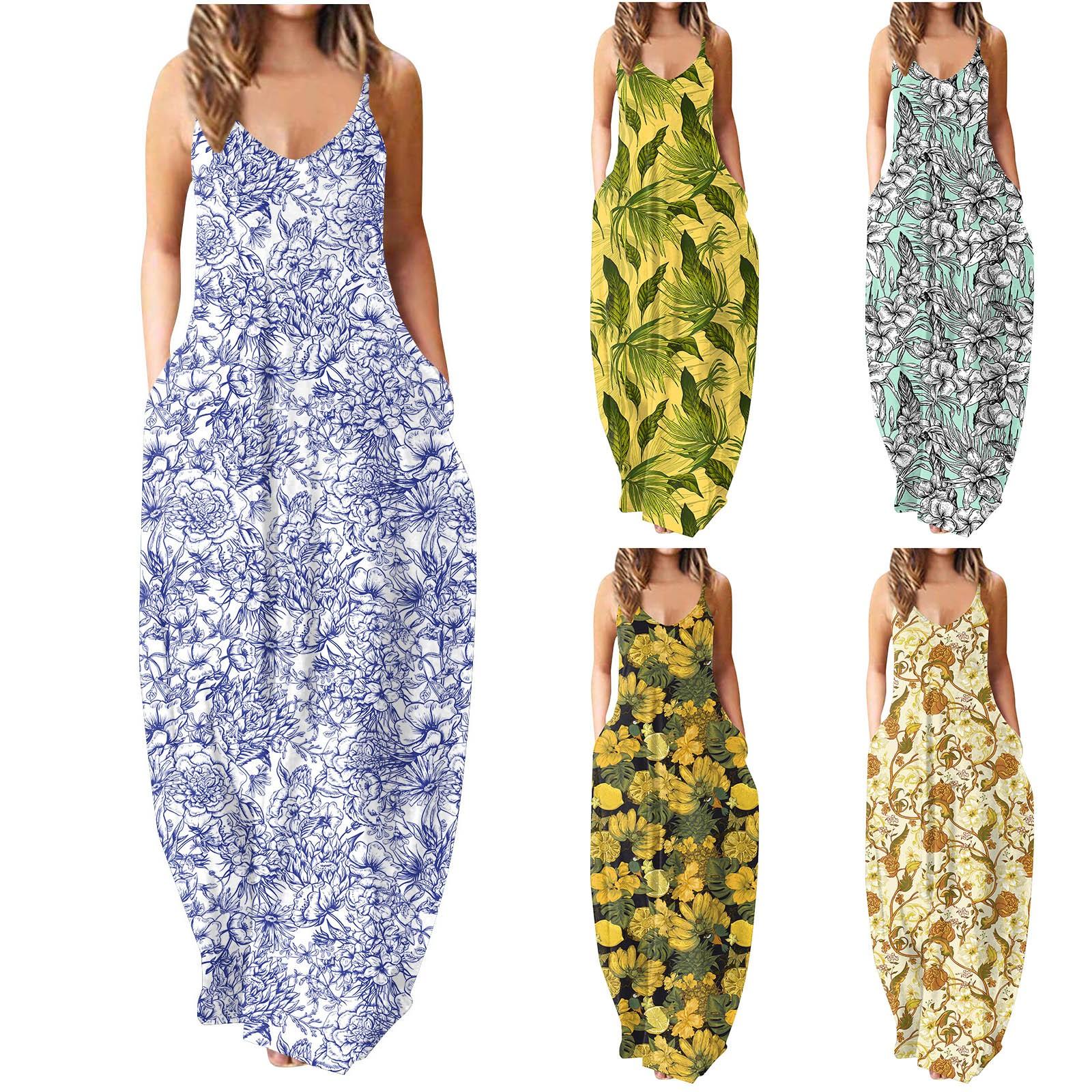 

(Куниде) Женские летние солнцезащитные платья, длинное платье на тонких бретельках без рукавов с цветочным принтом, повседневное длинное платье макси для женщин с карманами