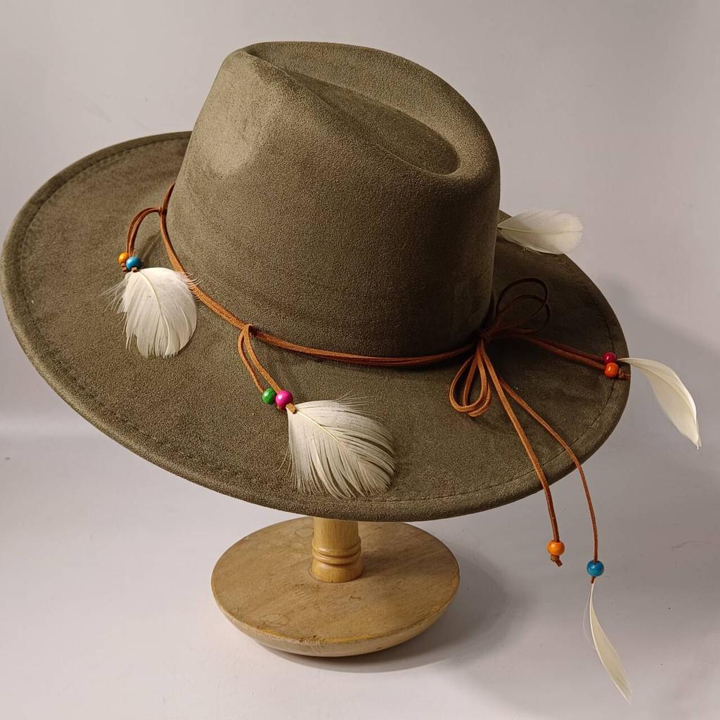 2026Bohemian style suede hat, brim 9.5 cm fedora with feather accessories, classic church hat, wide brim hat, women's hat