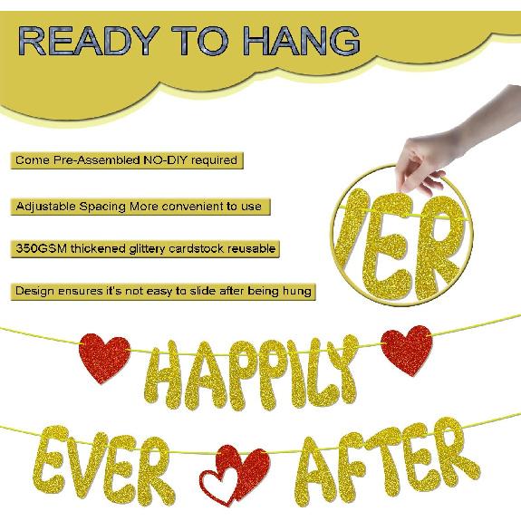 Happily Ever After Glitter Banner, NO-DIY,Bachelorette Wedding Party Banner Bridal Shower Banner Gold, Wedding Engagement Party Supplies
